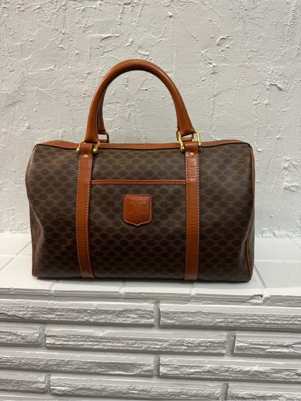 Celine Brown Monogram Canvas Duffel with Tan Leather Trim